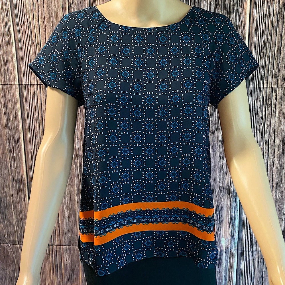 LOFT size XS navy & light blue orange boho pattern business casual blouse